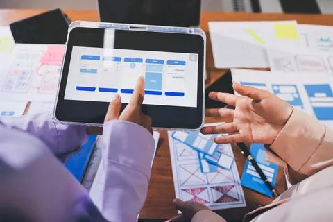 Close up ux developer and ui designer brainstorming about mobile app interf.. Stock Photos