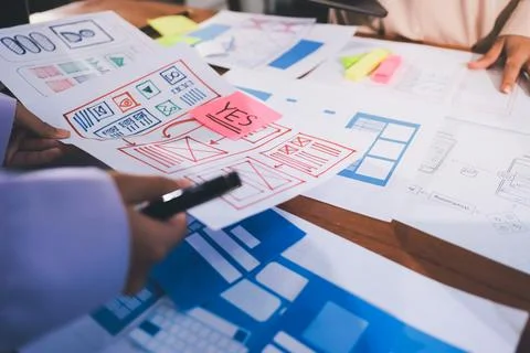 Close up ux developer and ui designer brainstorming about mobile app interf.. Stock Photos