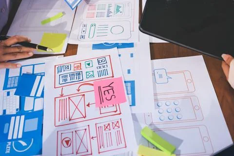 Close up ux developer and ui designer brainstorming about mobile app interf.. Stock Photos