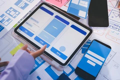 Close up ux developer and ui designer brainstorming about mobile app interf.. Stock Photos