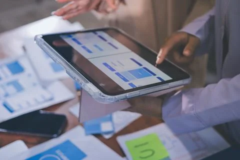 Close up ux developer and ui designer brainstorming about mobile app interf.. 写真素材