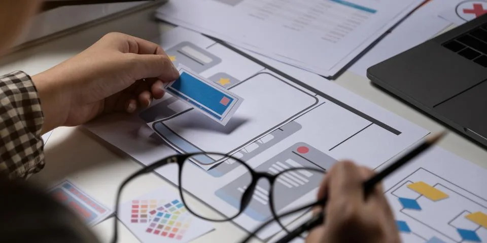 A close-up of an ux ui developer and an ui designer working on a mockup icon Stock Photos