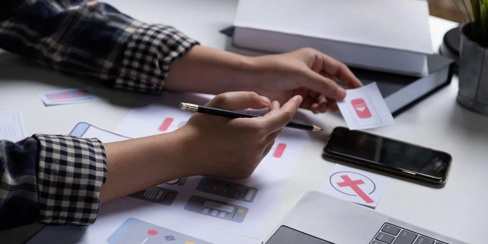 A close-up of an ux ui developer and an ui designer working on a mockup icon Stock Photos