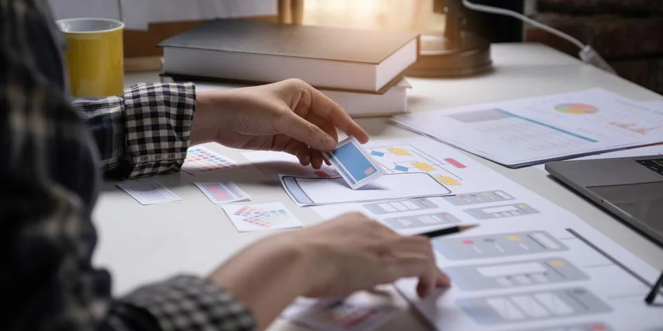 A close-up of an ux ui developer and an ui designer working on a mockup icon Foto stock