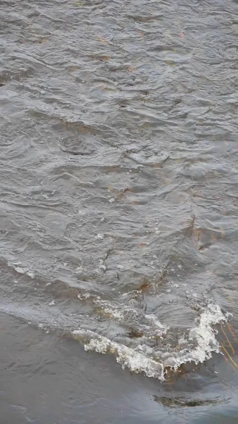 Close-up of V-Shaped Water Ripple and Wake in a Cold Winter River - Abstract Vie Stock Footage 326216524