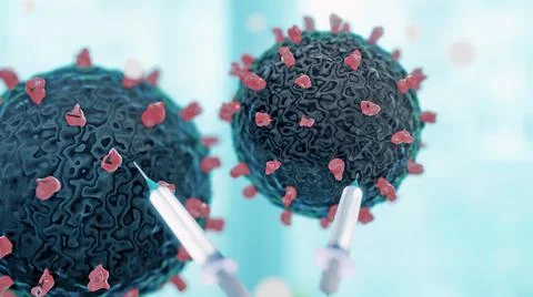 Close-up of  Vaccine Injection to dissolving virus under microscope. Illustrazione stock