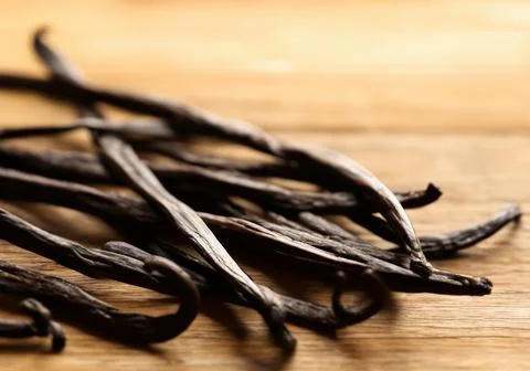 Close up Vanilla beanson brown background Stock Photos
