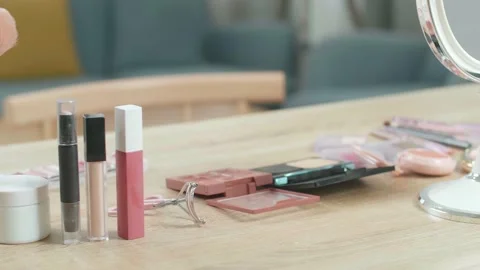 Close Up Of A Vanity With Many Cosmetics And Mirror Is In A Room At Home Stock Footage 218320829