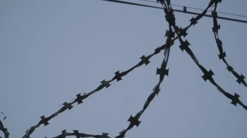 Close-up вarbed wire on the background the gray sky. Prison concept 045 Stock Footage 154463146