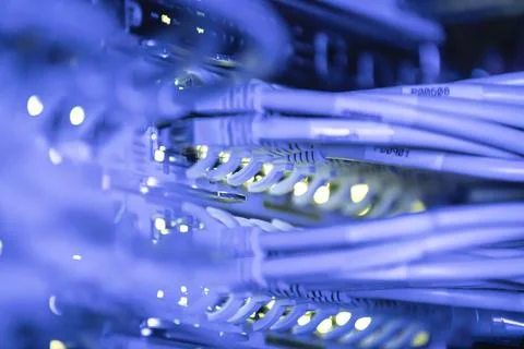 Close-up of various cable connections in a server room Stock Photos