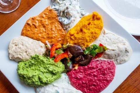 Close-up of various colorful Middle Eastern dips and spreads Stock Photos
