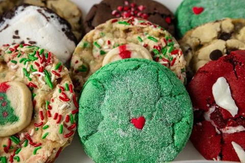 CLOSE-UP OF VARIOUS COOKIES LINED UP IN A BOX Stock Photos