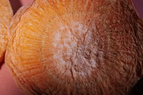 Close-up of various freeze-dried root vegetable slices. Stock Photos
