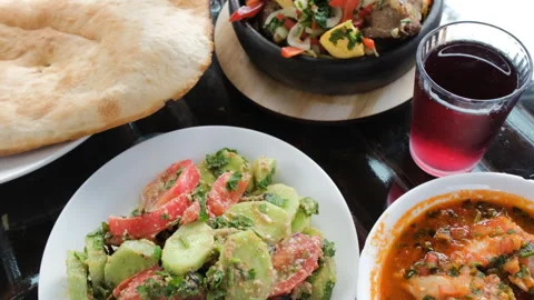 Close-up of various Georgian dishes on a table Stock-Footage 256681267
