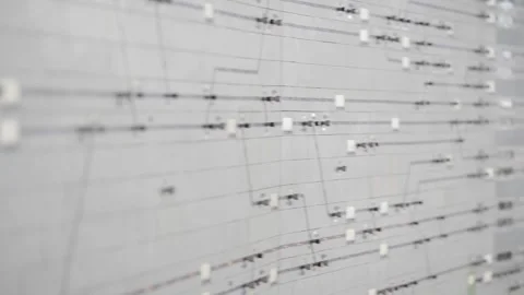 Close-up of various industrial control knobs and switches in a gray panel Stock Footage 289202767