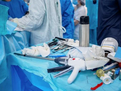 Close-up of various medical instruments on the table during a surgical operation Stock Photos