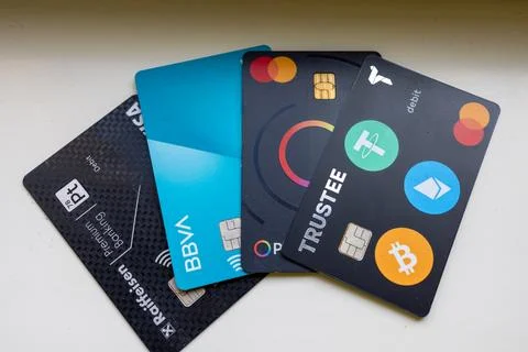 A close-up of various modern debit and credit cards Stock Photos