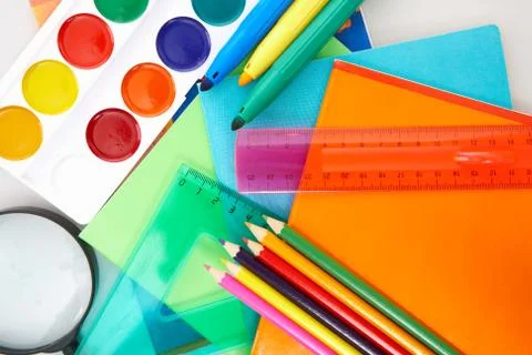 Close-up of various objects necessary in school education process Foto stock