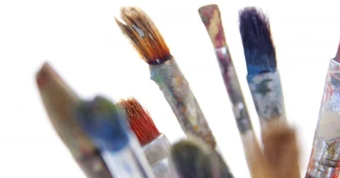 Close-up of various paint brushes Stock Footage