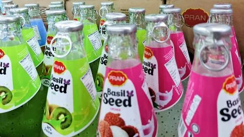 Close-up of various Pran Basil Seed drinks in kiwi, lychee, and other flavo.. Stock Photos