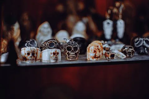 Close-up of various skulls displayed on a table in a store Foto stock