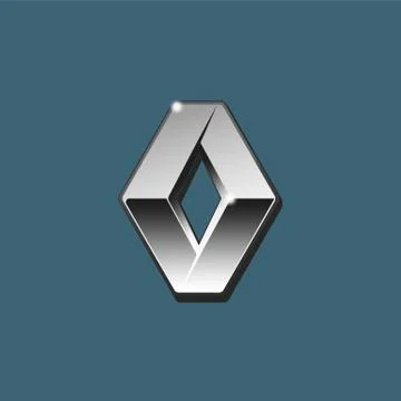 The close up vector of silver 3D Renault logo on blue background. Isolated Stock Illustration