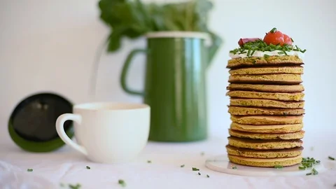 Close-up of vegan chickpea pancakes with camera moving from left to right Stock Footage 88730273