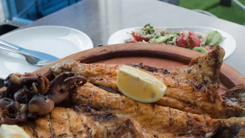 Close-up of vegetable salad and grilled seafood Vídeos de archivo 251473014