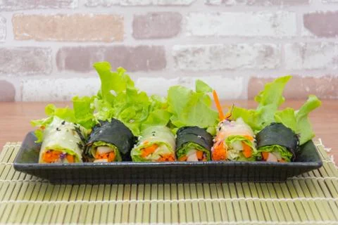 Close up of vegetable salad roll and sauce Stock Photos