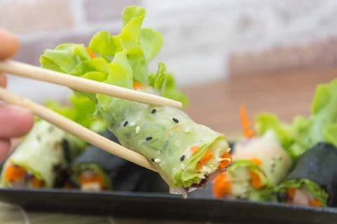 Close up of vegetable salad roll and sauce Stock Photos