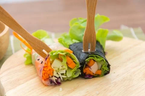 Close up of vegetable salad roll and sauce Stock Photos