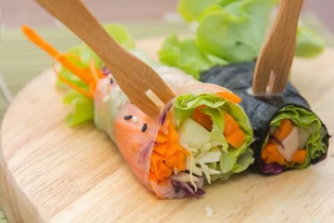 Close up of vegetable salad roll and sauce Stock Photos