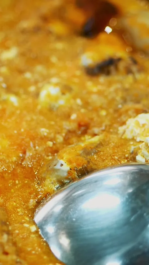 Close-up, vegetable stew with gravy, sauce on showcase of Self service Stock Footage 318725108