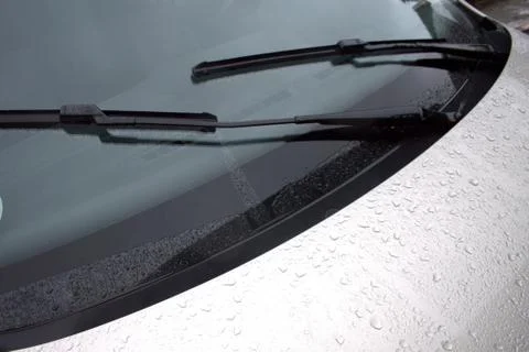 Close up of vehicles windscreen bonnet and wiper blades Stock Photos