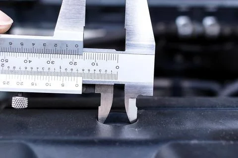 Close up of vernier caliper measuring engine component Stock Photos