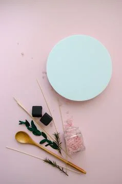 Close-up vertical Flat Lay SPA objects: white round mockup Stock Photos