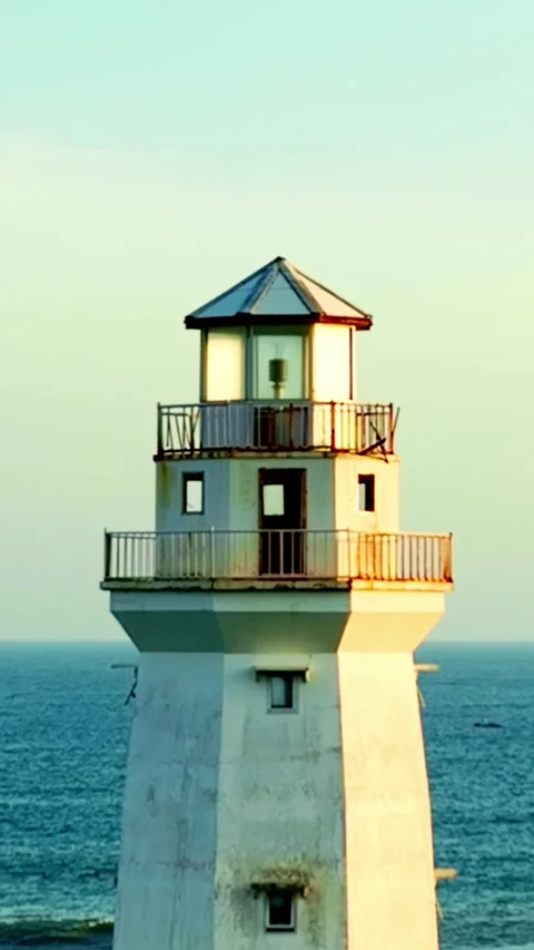 Close vertical lighthouse tower with ocean backdrop Stock Footage 335432558