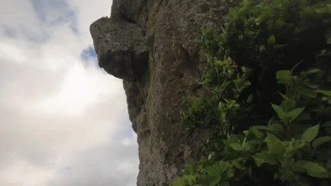 Close up vertical look up view to a boulder of rock shapes like a human face hea Stock Footage 245446764