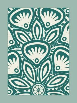 A close-up vertical panel displays repeating stylized flowers and leaves in.. Stock Illustration