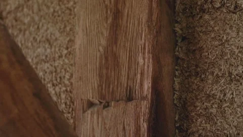 Close-up vertical panning of old timber frame at hempcrete wall Stock Footage 268827918