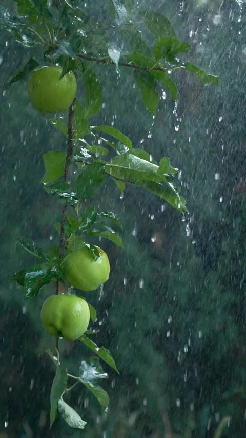 Close-up vertical rain drops falling on apple tree fruits and leaves in garden Stock Footage 250067527