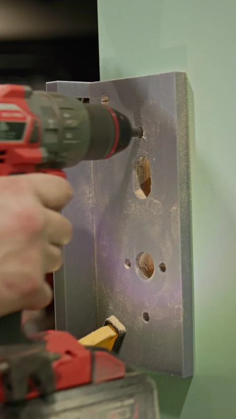 Close-up vertical shot of a carpenter using a power drill to create fixing Stockbeeldmateriaal 333932889