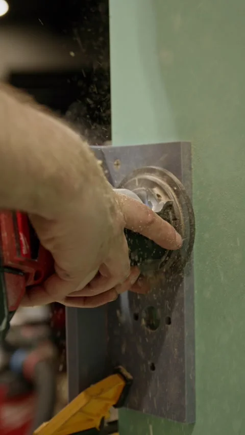 Close-up vertical shot of a carpenter using a handheld power sanding tool Stock Footage 333933102