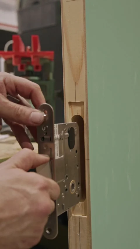 Close-up vertical shot of a craftsman precisely inserting a mortise lock Stock Footage 333932774