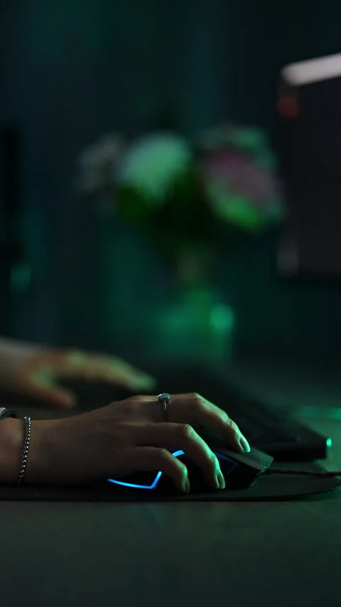 Close-up vertical shot of hacker programmer coding clicking using mouse, typing Stock Footage 280363959