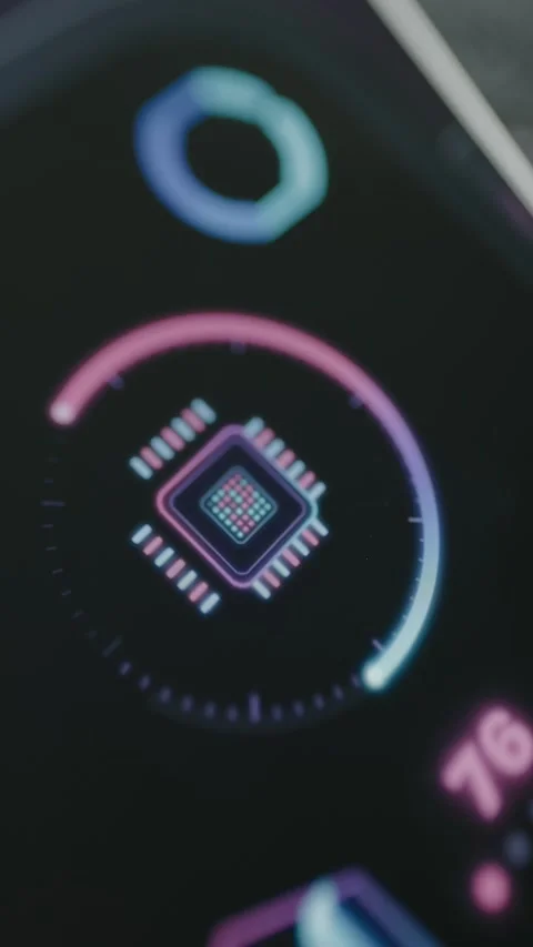Close vertical smartphone interface frames a luminous microchip within Stock Footage 342488367
