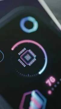 Close vertical smartphone interface frames a luminous microchip within Stock Photos