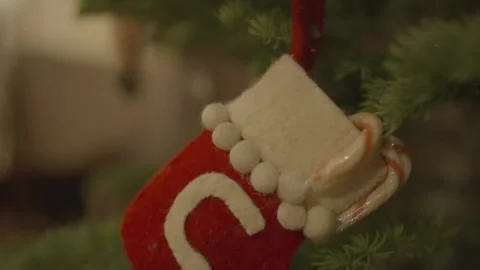 Close-up vertical tracking of Christmas stocking on tree 库存影片 334031080