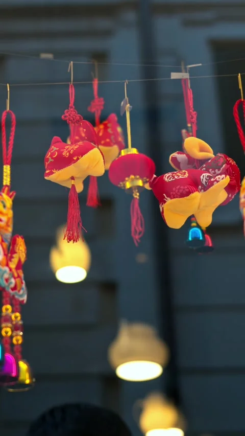 Close up vertical video of hanging chinese new year decorations in a shop w.. Stock Footage 339378187