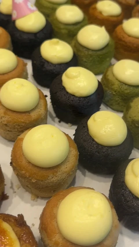 Close-up vertical video of mini creme brulee cakes with caramelized tops Stock Footage 322967745